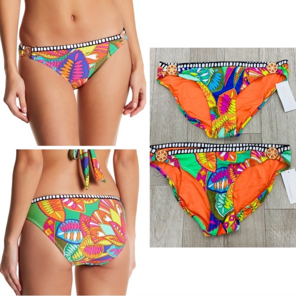 NWT Trina Turk orange lime bikini bottoms gold medallion low cut gold hardware